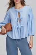 Top Blusa Peplum con Mangas Abullonadas y Lazos