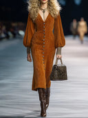 Vintage Button Puff Sleeve Caramel Brown Corduroy Midi Dress