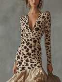Leopard Print Ruffled High Low Midi Dress