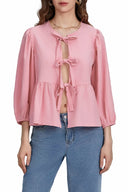 Top Blusa Peplum con Mangas Abullonadas y Lazos