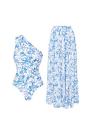 Frisches Blumen-Einteiler-Set mit One-Shoulder in Blau