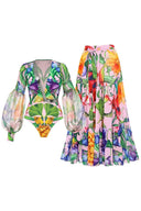 Conjunto de Fato de Banho com Decote em V Profundo e Mangas Lanterna Estampadas