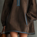 Vestido Casual Solto de Outono e Inverno para Mulher, Estilo Western Retro, em Tecido de Camurça, com Gola Alta e Fecho de Eziper Decorativo