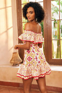 Robe mini Fiona imprimée brodée à épaules dénudées
