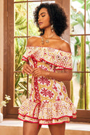 Robe mini Fiona imprimée brodée à épaules dénudées