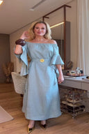 Vestido Maxi Azul Suave Ombro a Ombro com Mangas com Folhos