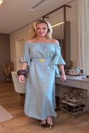 Vestido Maxi Azul Suave Ombro a Ombro com Mangas com Folhos