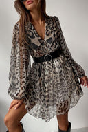 Vestido Mini de Chiffon Gail com Estampa, Decote em V e Cinto