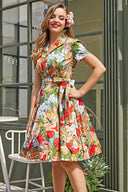 Helma Retro bedrucktes Midikleid aus Baumwollhemd mit Gürtel