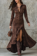 Robe longue marron rétro à col à volants irréguliers