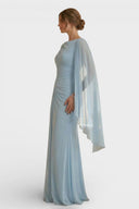 Vestido Maxi Elegante com Mangas Capa Drapadas
