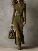 Vintage Brown Zipper Belted Maxi Dress