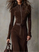 Brown Vintage Zipper Belted Midi Dress