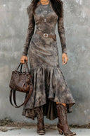 Robe midi vintage en polyester à ourlet évasé (ceinture incluse)