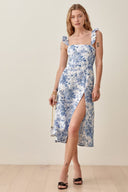 Vestito midi Joa stampato con spalline arricciate e spacco