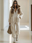 Casual Loose Vintage Polar Fleece Pocket Zipper Hooded Jumpsuit