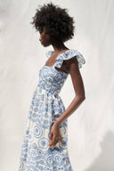 Vestido Midi Maud com Corpete Fruncido e Renda Bordada