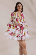 Vestido Mini com Folhos e Renda Estampada Melissa