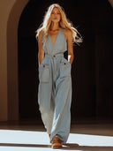 Casual Retro Gray-blue Tencel Denim Pocket Overalls