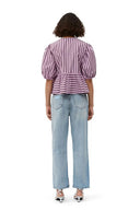 Blusa corta a righe con maniche a sbuffo, peplo e fiocchi