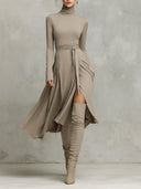 Women’s Elegant Figure-flattering Long Sleeves Knit Blend Midi Dress