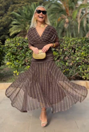 Vestido maxi de malla con escote en V y estampado bohemio