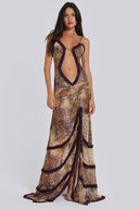 Yuri Bedrucktes Maxikleid mit Ausschnitten und Rüschen